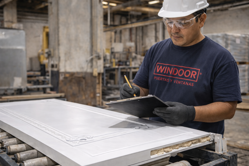 Personal de Windoor supervisando calidad en troquelado de puertas