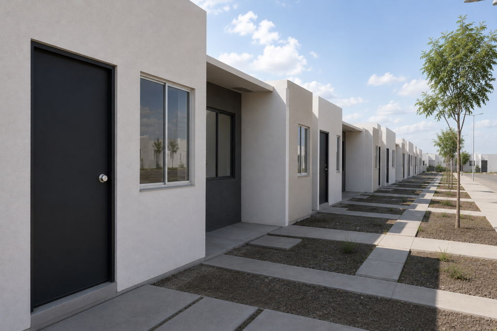 Viviendas del Bienestar en México con puertas metálicas, ventanas de aluminio y marcos instalados en desarrollo habitacional de vivienda social.