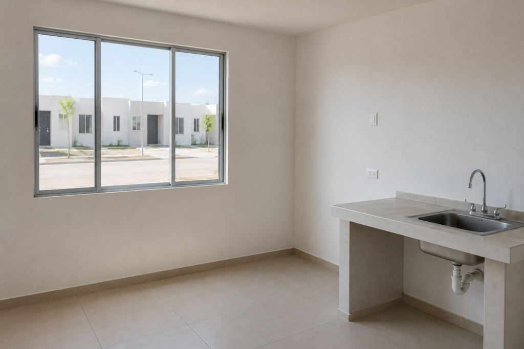 Ventana de aluminio instalada en vivienda social que permite iluminación natural y ventilación eficiente en proyecto de Vivienda del Bienestar en México.