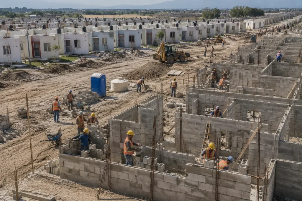 Construcción de un desarrollo habitacional para vivienda de interés social con personal de obra trabajando en nuevas viviendas para comunidades en México.
