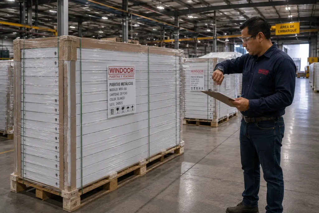 Control de calidad en puertas para vivienda de interés social durante el proceso de embarque y preparación de pedidos en la planta de Windoor.