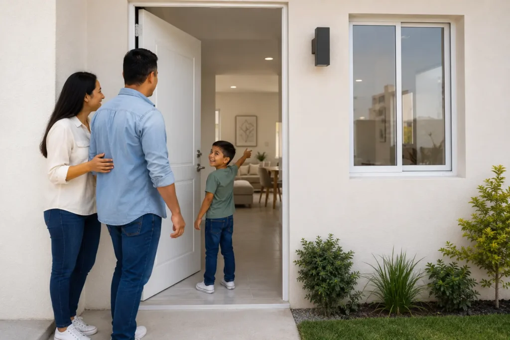 Familia ingresando a una vivienda de interés social equipada con puertas y ventanas de calidad dentro de un desarrollo habitacional en México.