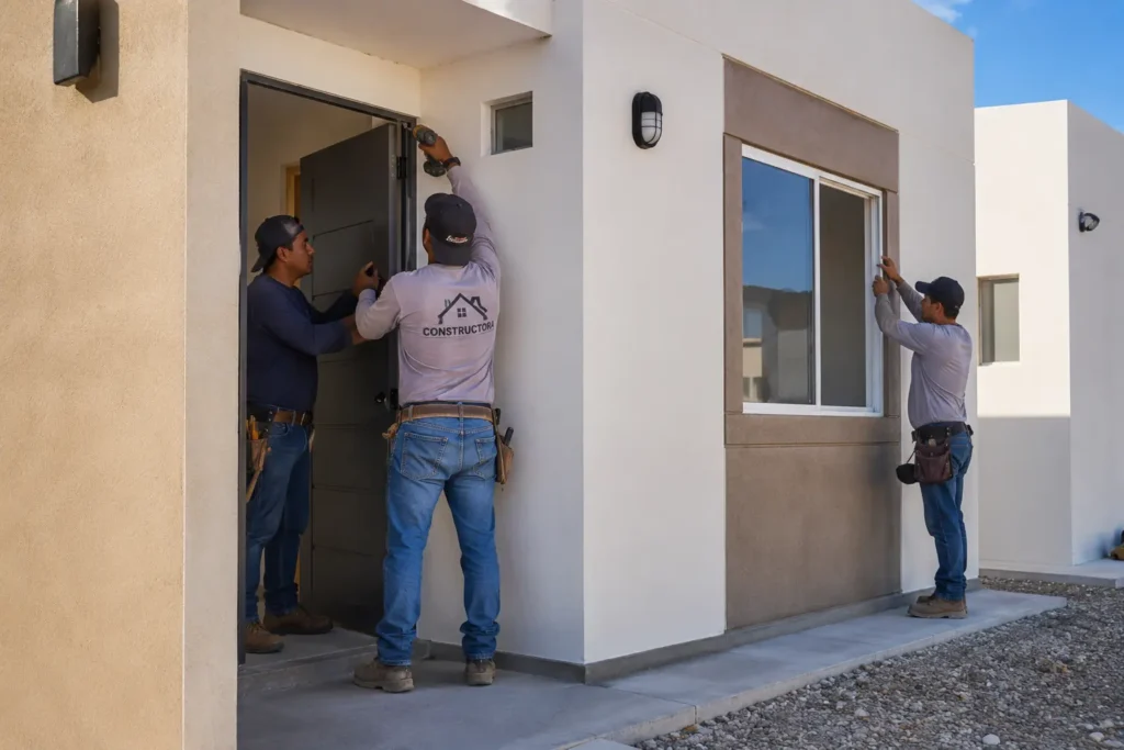 Instalación de puertas y ventanas para vivienda de interés social por personal especializado durante la construcción de un desarrollo habitacional.