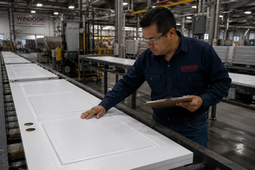 Inspección de calidad en puertas para vivienda de interés social durante el proceso de fabricación para garantizar uniformidad y acabados consistentes.