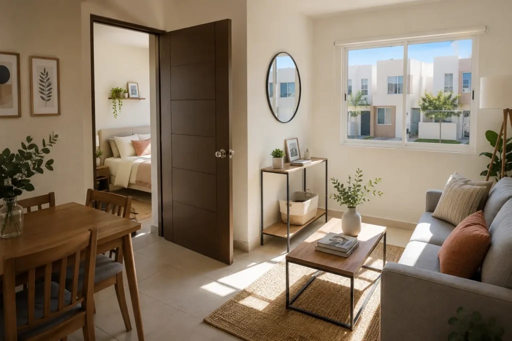 Puertas y ventanas para vivienda de interés social instaladas en el interior de una casa nueva con acabados modernos y excelente iluminación natural.