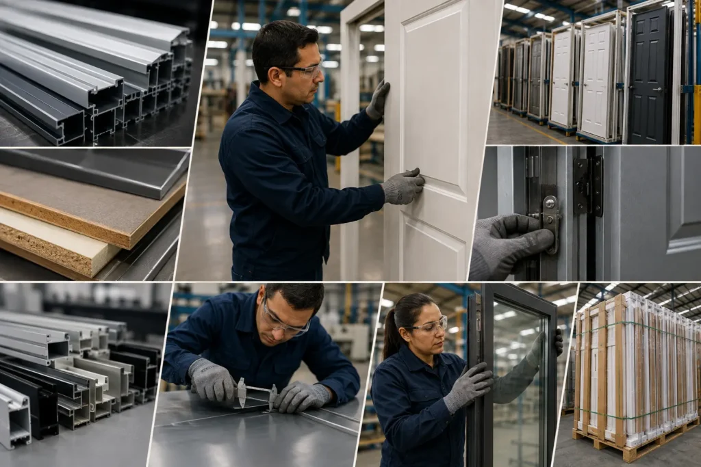 Control de calidad de un fabricante de puertas y ventanas en México, con inspección de materiales, perfiles de aluminio, puertas y procesos de fabricación.