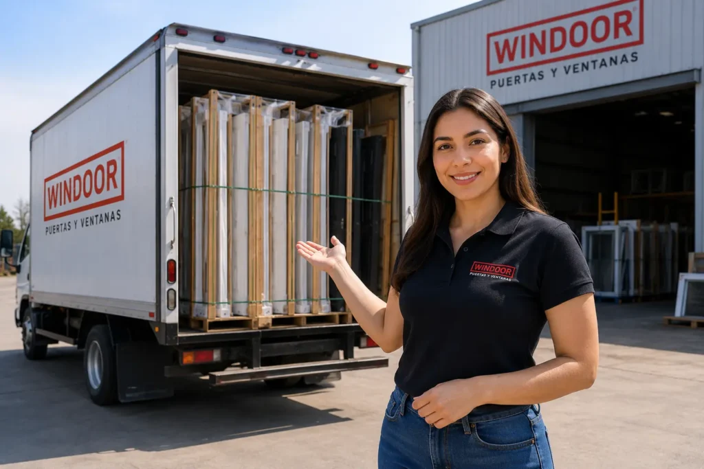 Logística y distribución de puertas y ventanas para proyectos habitacionales, con productos protegidos y preparados para su entrega desde la fábrica Windoor.