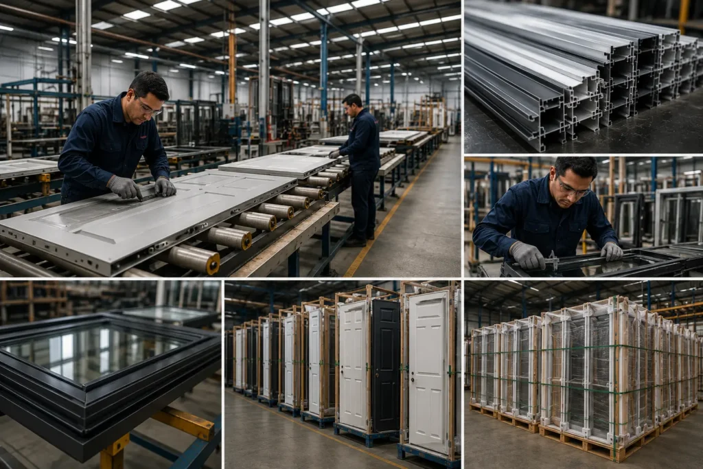 Procesos de producción y control de calidad en fábrica de puertas y ventanas en México para desarrollos habitacionales de gran volumen.